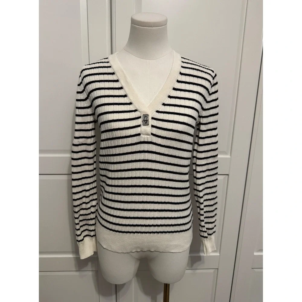 Lauren Ralph Lauren Striped Ribbed V-Neck Sweater Cotton Lock Clasp Detail XS